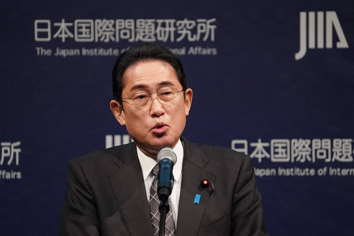<i>Kazuhiro Nogi/AFP/Getty Images</i><br/>Japan's Prime Minister Fumio Kishida delivers a speech during the opening of the 4th Tokyo Global Dialogue in Tokyo on February 20. Japan pledged $5.5 billion in humanitarian aid to Ukraine on Monday.