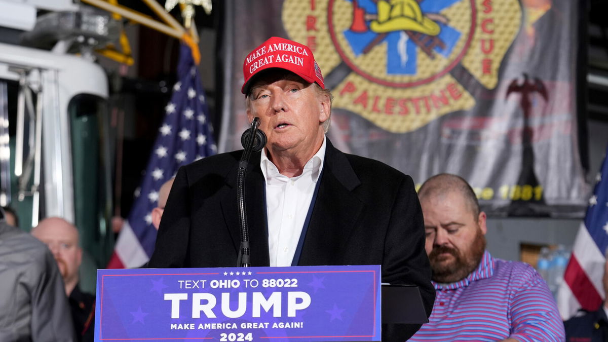 <i>Matt Freed/AP</i><br/>Former President Donald Trump speaks at the East Palestine Fire Department as he visits the area in the aftermath of the Norfolk Southern train derailment in East Palestine