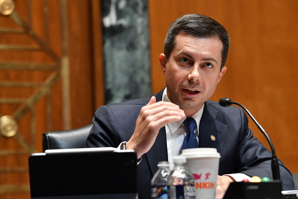 <i>Nicholas Kamm/AFP/Getty Images</i><br/>Transportation Secretary Pete Buttigieg testifies at a Senate Subcommittee on Transportation