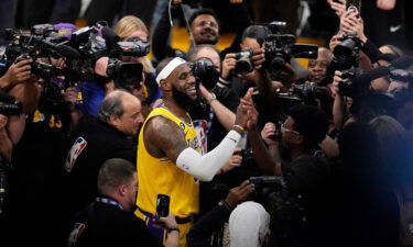 LeBron James after scoring to pass Kareem Abdul-Jabbar's record as the NBA's all-time leading scorer.