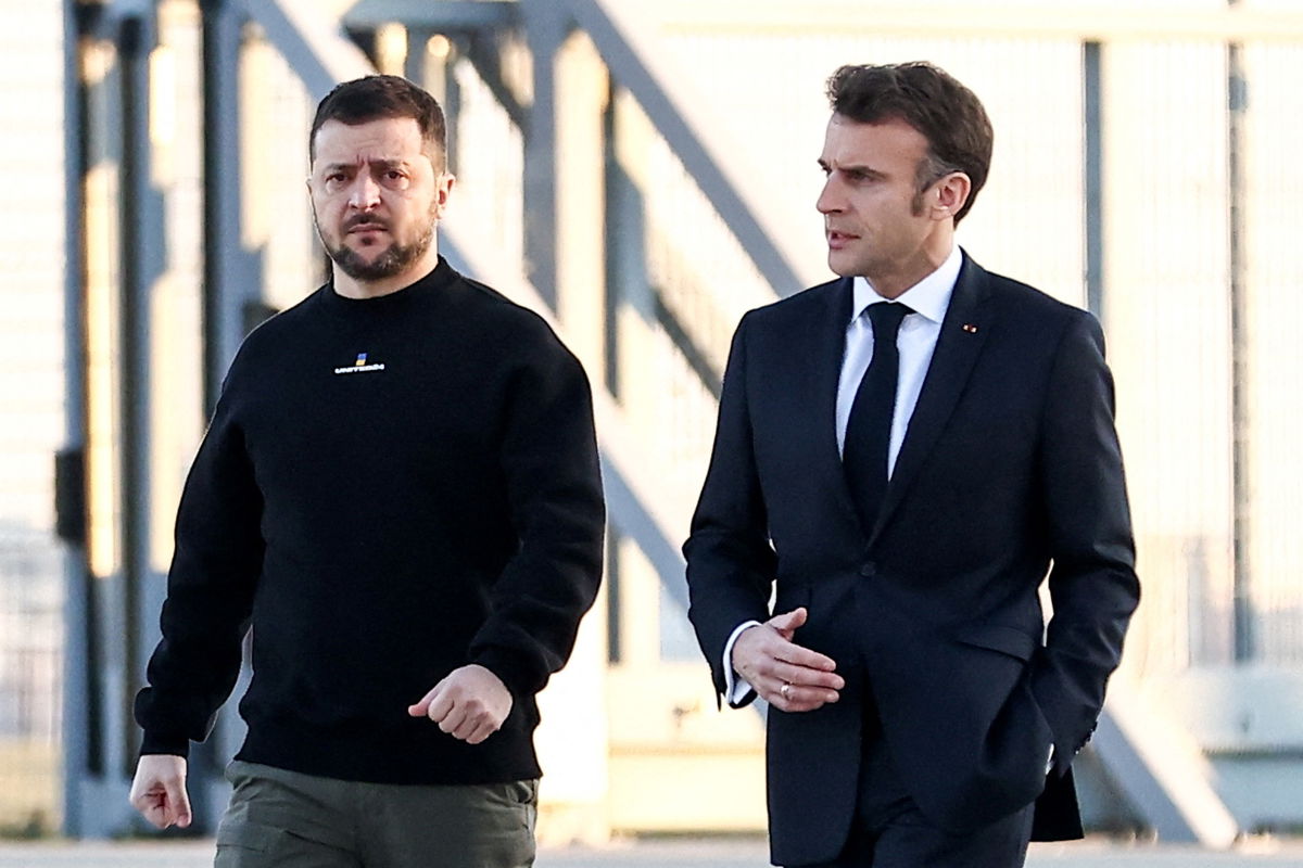 <i>Mohammed Badra/Reuters</i><br/>Macron and Zelensky at the Velizy-Villacoublay airport southwest of Paris on Thursday morning.
