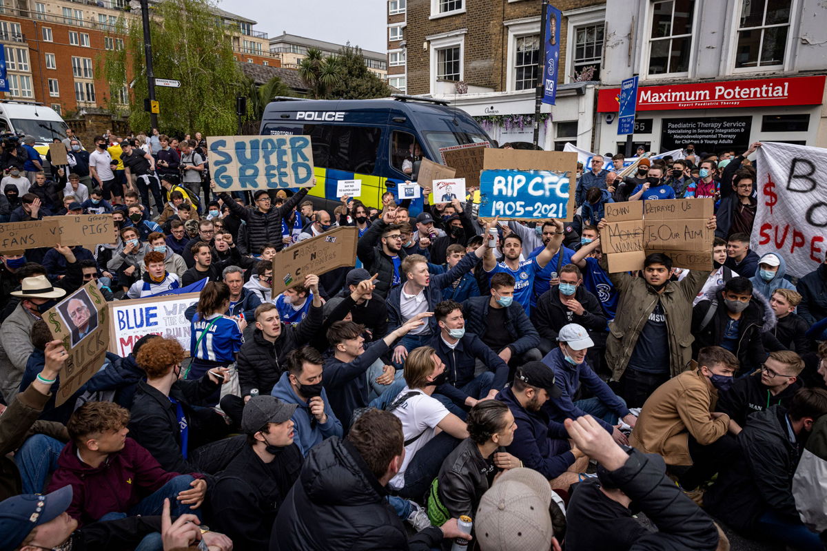 <i>Rob Pinney/Getty Images</i><br/>European Super League (ESL) organizers unveil a revamped competition with '60 to 80 teams.' Fans of Chelsea here protest against ESL on April 20
