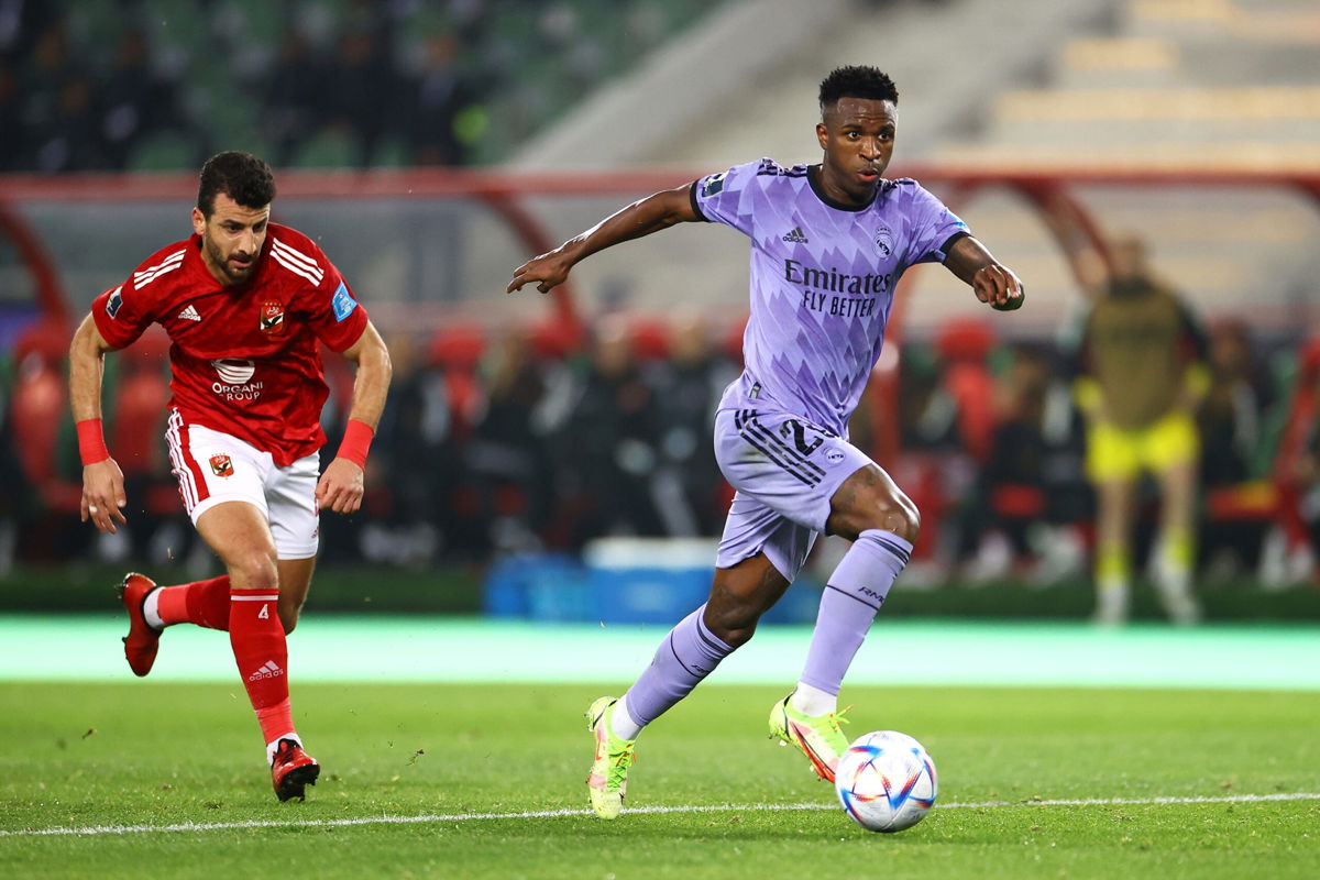 <i>Michael Steele/Getty Images</i><br/>Vinícius Jr. scored Real Madrid's opening goal of the Club World Cup semifinal.