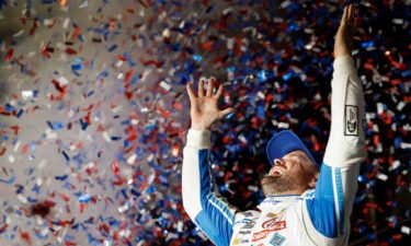 Ricky Stenhouse Jr. celebrates in victory lane after winning the NASCAR Cup Series 65th Annual Daytona 500 at Daytona International Speedway on February 19