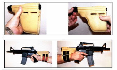 An image of a "stabilizing brace" attached to an AR-type pistol shown in a training presentation from the Bureau of Alcohol