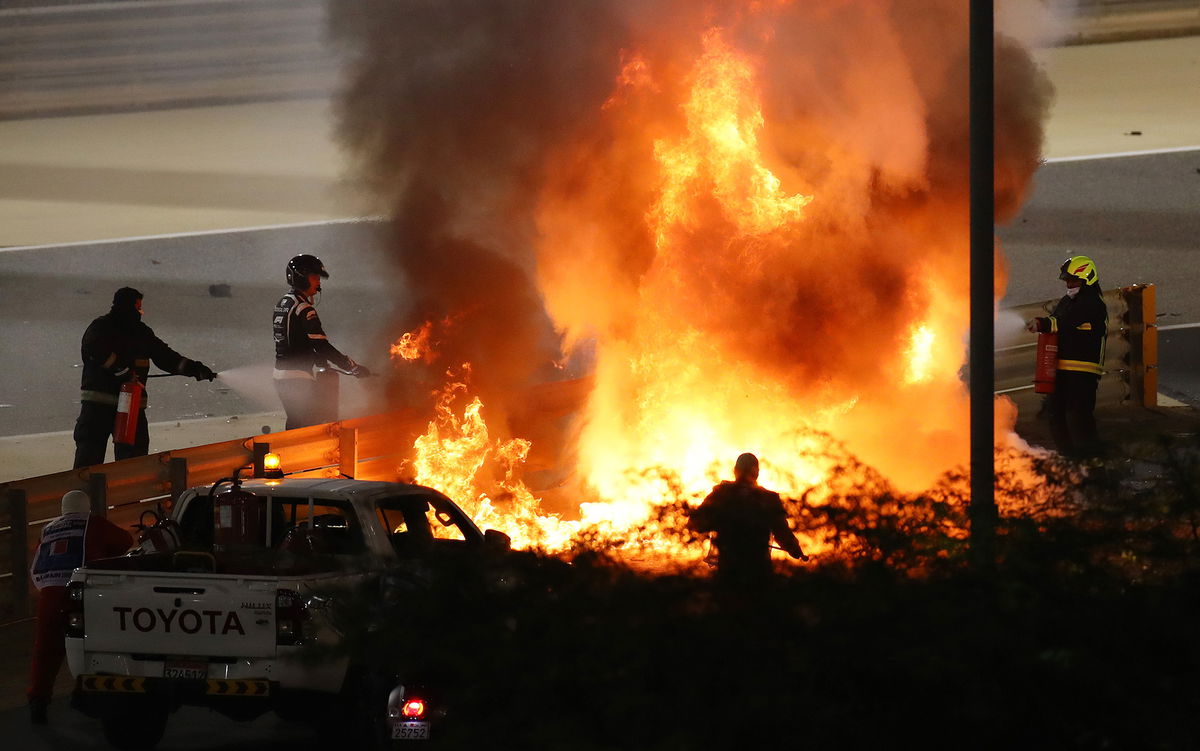 <i>Bryn Lennon/Getty Images</i><br/>Grosjean's car was engulfed in flames after his crash in Bahrain.