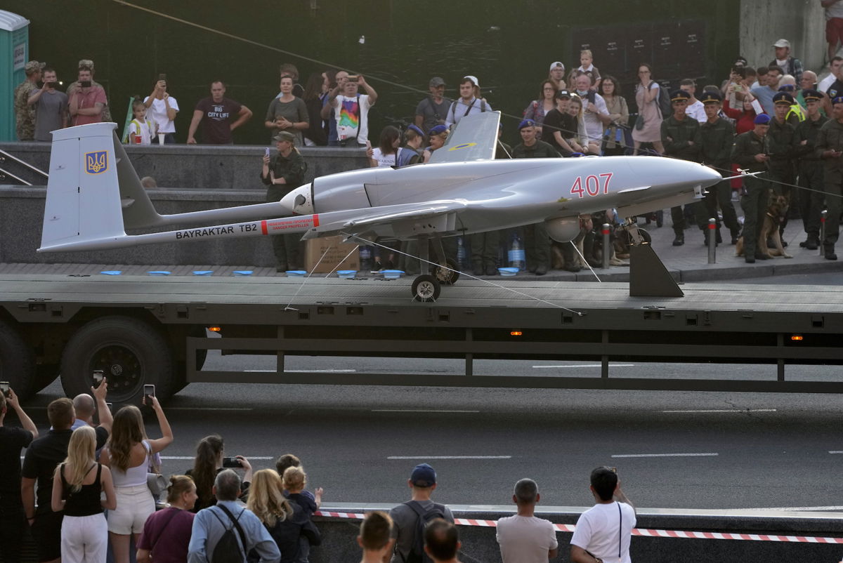 <i>Efrem Lukatsky/AP/FILE</i><br/>A Turkish-made Bayraktar TB2 drone at a rehearsal for a military parade dedicated to Independence Day in Kyiv