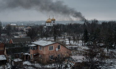 Black smoke rises after shelling in the eastern Ukrainian city of Bakhmut amid the Russian invasion of Ukraine on February 3. An American volunteer aid worker was killed in Bakhmut on February 2 while aiding civilians.
