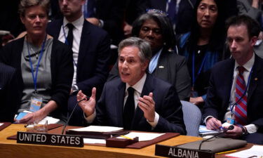 Secretary of State Antony Blinken speaks during the United Nations Security Council meeting at the UN Headquarters in New York City on February 24.