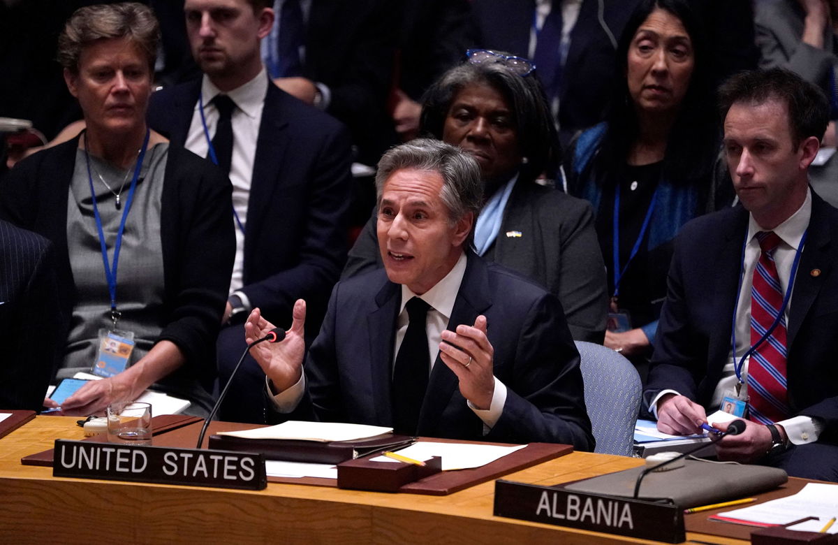 <i>Timothy A. Clary/AFP/Getty Images</i><br/>Secretary of State Antony Blinken speaks during the United Nations Security Council meeting at the UN Headquarters in New York City on February 24.
