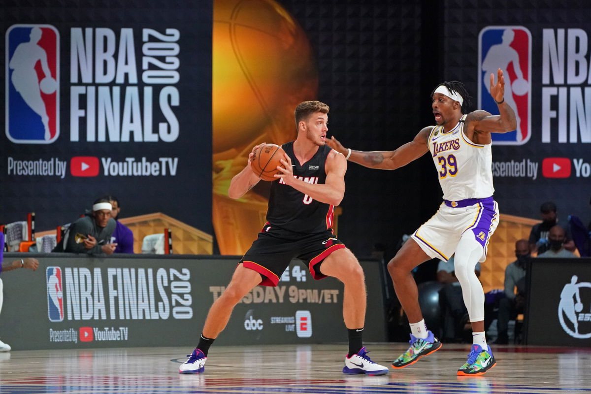 <i>Jesse D. Garrabrant/NBAE/Getty Images/File</i><br/>Leonard (left) looks to drive to the basket during the Miami Heat's game against the Los Angeles Lakers during Game Three of the NBA Finals in October of 2020.