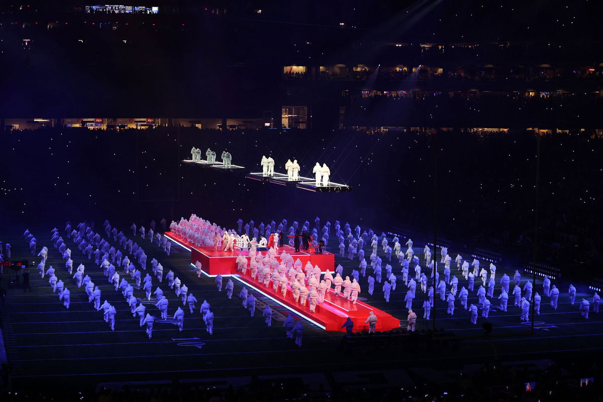 <i>Sean M. Haffey/Getty Images</i><br/>Rihanna performs onstage during the Apple Music Super Bowl LVII Halftime Show at State Farm Stadium