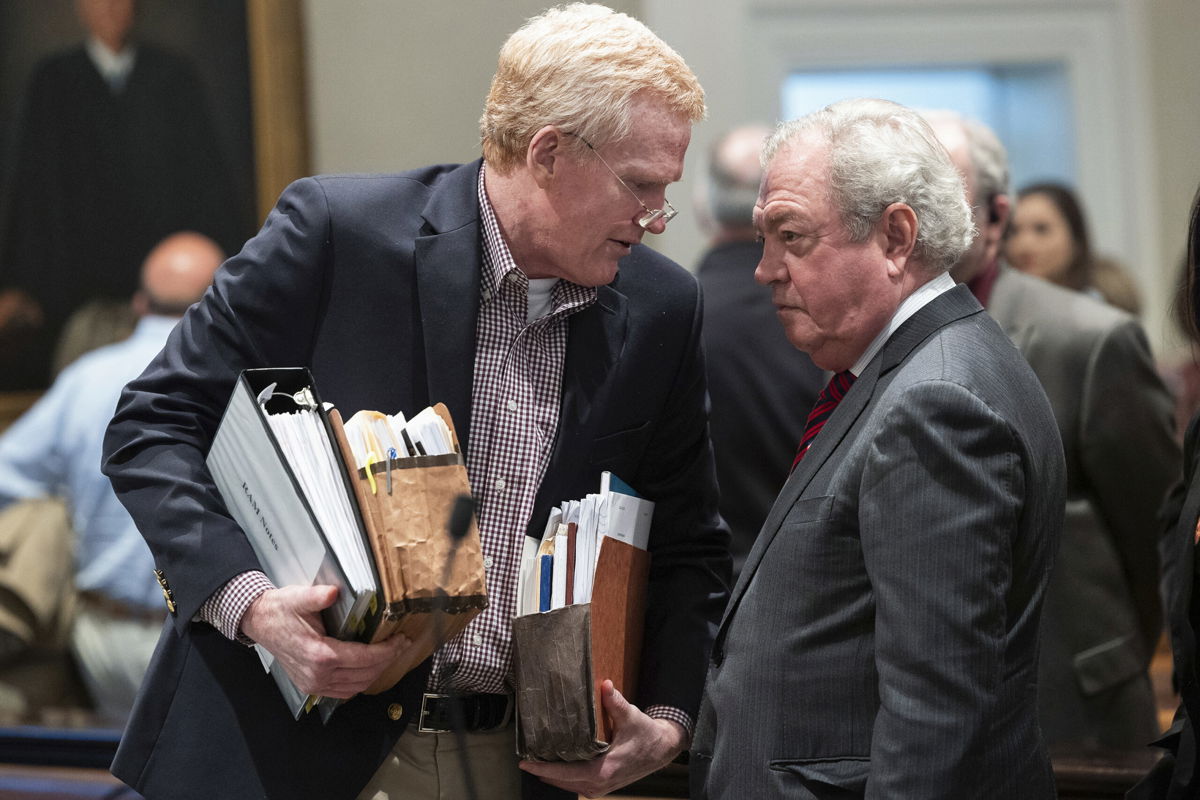 <i>Joshua Boucher/The State/AP</i><br/>Alex Murdaugh speaks with his attorney Dick Harpootlian during his double murder trial at the Colleton County Courthouse on Wednesday
