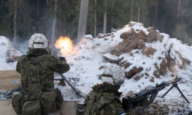 Estonian troops fire at French mountain commandos attacking their position as part of a NATO exercise in Estonia.