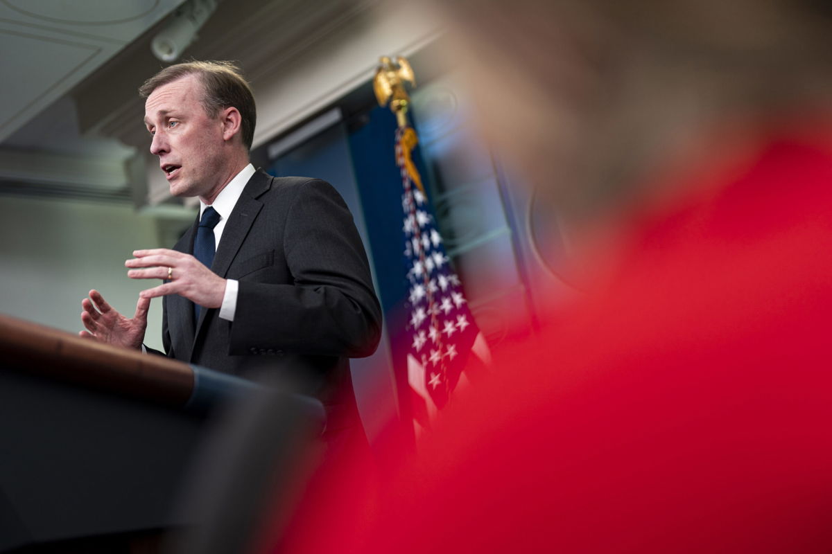 <i>Al Drago/Bloomberg/Getty Images</i><br/>National security adviser Jake Sullivan speaks during a news conference at the White House in Washington