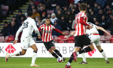Max Lowe of Sheffield United keeps possession of the ball during the Championship match against Stoke City at Bramall Lane on January 14