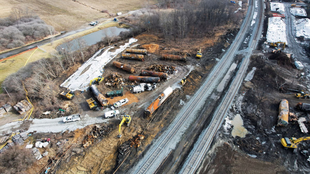 <i>Alan Freed/Reuters</i><br/>A view of the site of the derailment of a train carrying hazardous waste in East Palestine