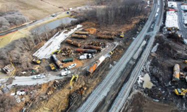A view of the site of the derailment of a train carrying hazardous waste in East Palestine