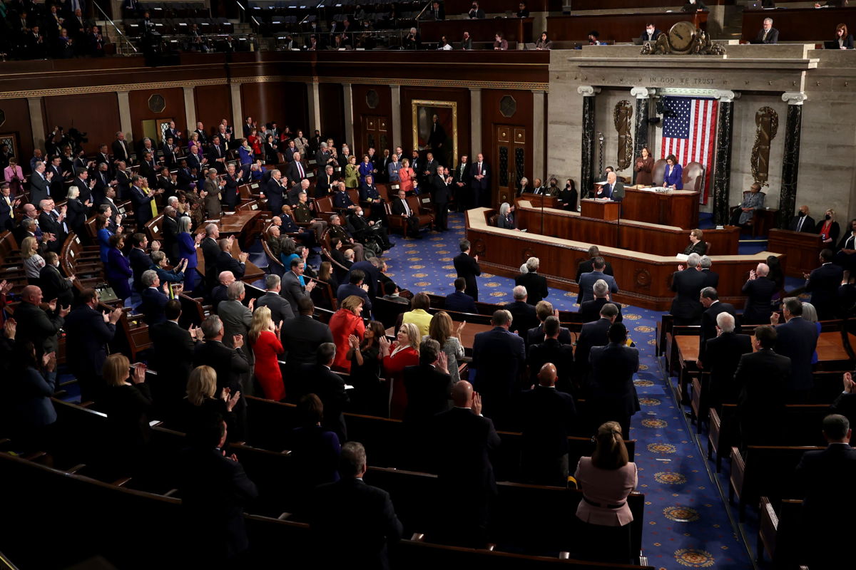 <i>Julia Nikhinson/Pool/Getty Images</i><br/>President Biden gives his State of the Union address during a joint session of Congress at the U.S. Capitol on March 01