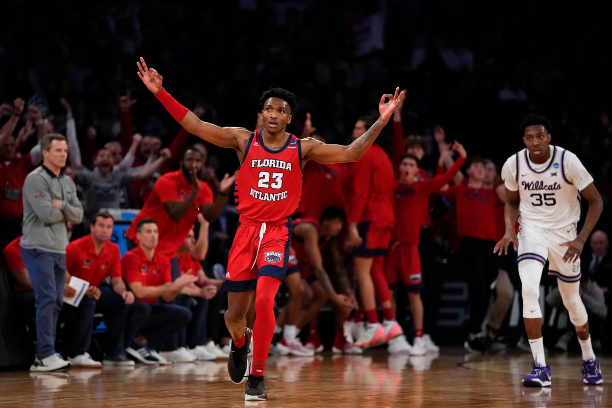 <i>Frank Franklin II/AP</i><br/>Florida Atlantic's Brandon Weatherspoon #23 celebrates a three-point basket in the second half against Kansas State.