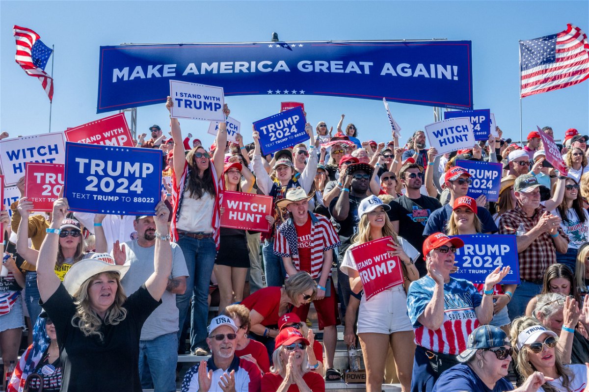 <i>Brandon Bell/Getty Images</i><br/>Supporters cheer ahead of former President Donald Trump's speech at the Waco Regional Airport on March 25 in Waco