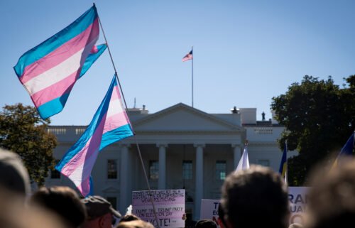 President Joe Biden marks International Transgender Day of Visibility on Friday by blasting Republicans targeting trans youth. Pictured is a transgender rights protest outside of the White House in Washington in 2018.