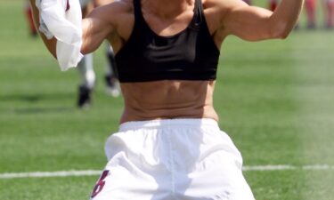 Brandi Chastain celebrates after scoring in the penalty shootout in the  Women's World Cup final in 1999.