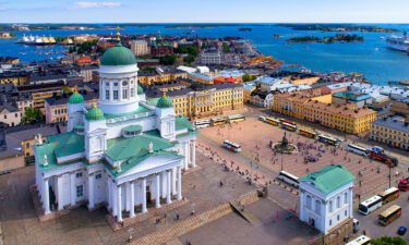 Helsinki cityscape with Lutheran cathedral at Senate square Aerial is pictured.