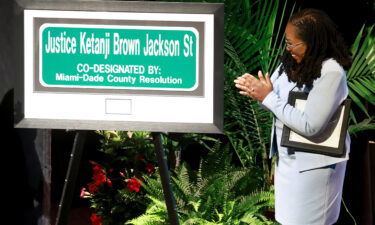 Justice Ketanji Brown Jackson looks on at a street sign named after her during a street renaming ceremony in Miami-Dade County on March 6 in Cutler Bay