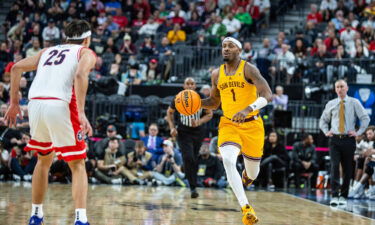 Arizona State guard Luther Muhammad brings the ball up court during the NCAA Pac 12 men's basketball tournament semifinals against the Arizona Wildcats.