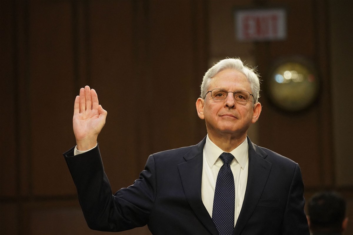 <i>Stefani Reynolds/AFP/Getty Images</i><br/>Attorney General Merrick Garland is sworn in before testifying at a Senate Judiciary Committee oversight hearing to examine the Justice Department