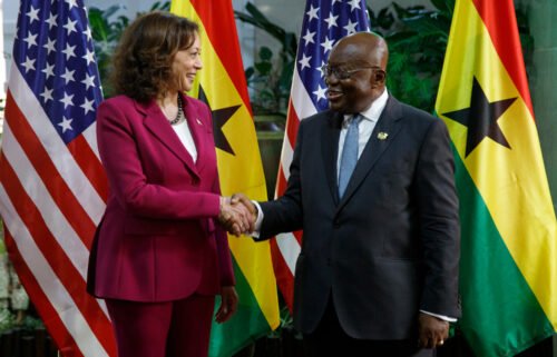 US Vice President Kamala Harris is welcomed by Ghana President Nana Akufo-Addo in Accra