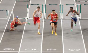 Enrique Llopis suffered a nasty fall in the mens' 60m hurdles final at the European Athletics Indoor Championships.