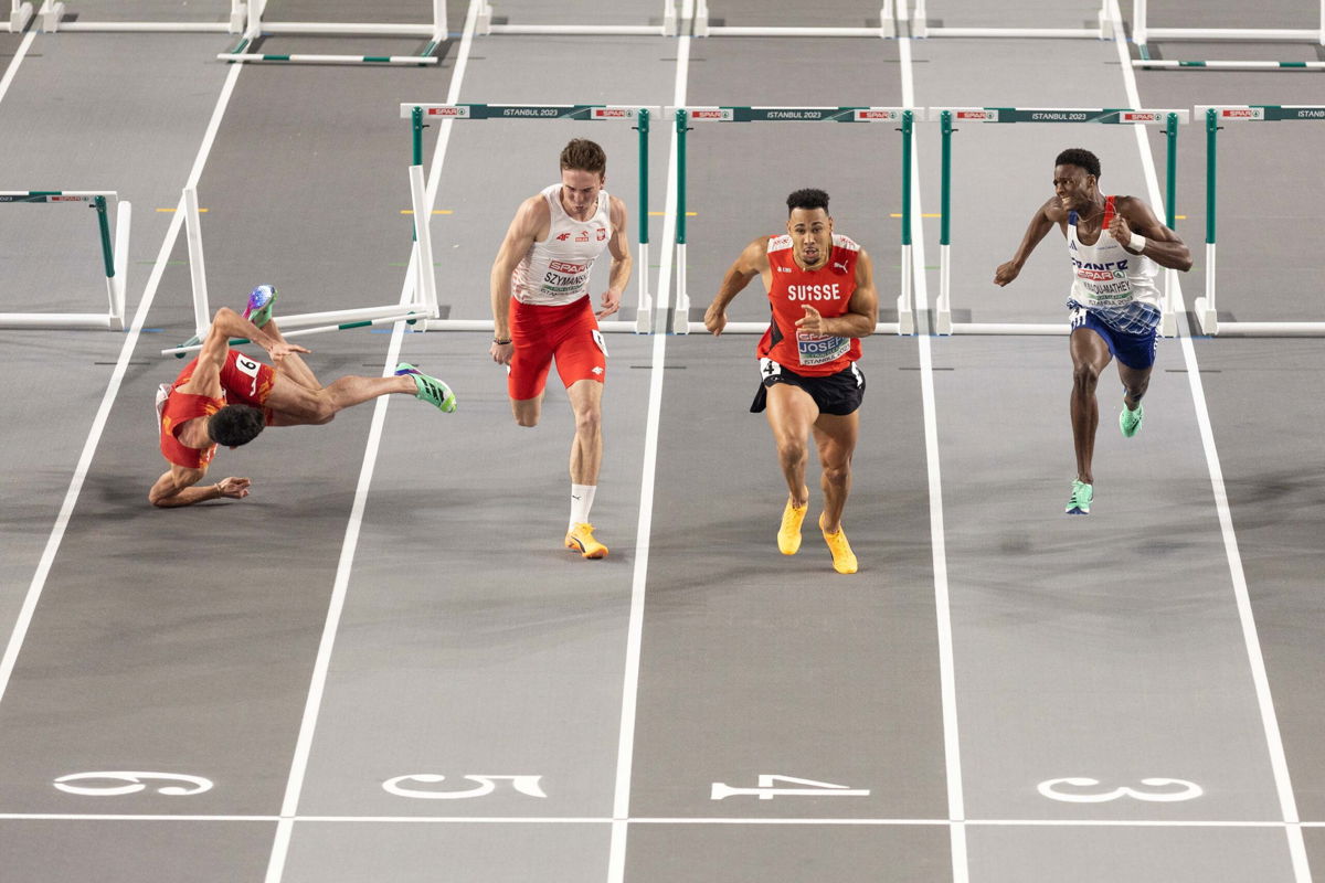 <i>Sam Mellish/Getty Images</i><br/>Enrique Llopis suffered a nasty fall in the mens' 60m hurdles final at the European Athletics Indoor Championships.