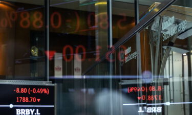 A FTSE share index board in the atrium of the London Stock Exchange Group's offices in London