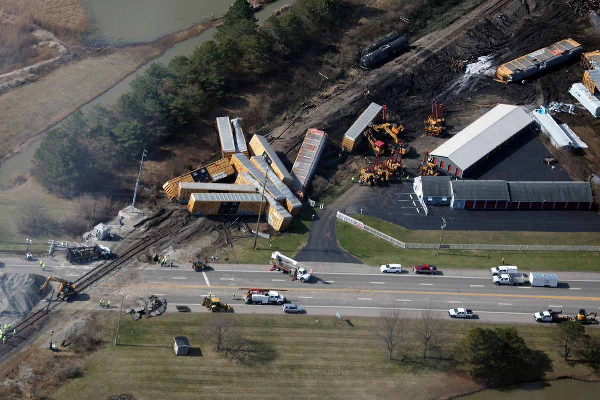 Trains are strewn along the tracks Sunday in Springfield