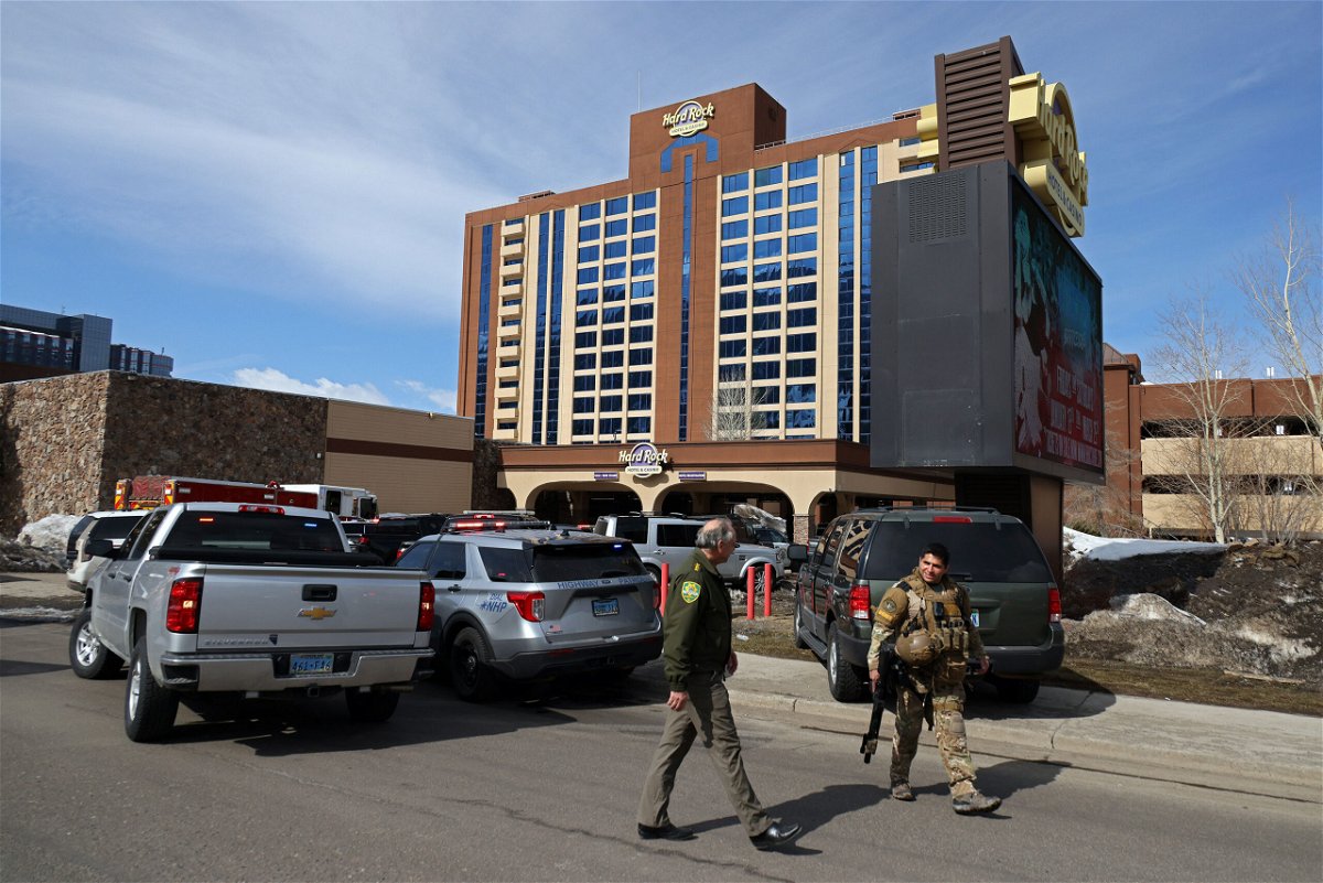 <i>Michael Heiman/Getty Images</i><br/>Law enforcement personnel are seen outside of the Hard Rock Casino and Hotel in Stateline
