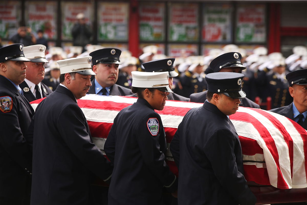 <i>Spencer Platt/Getty Images/File</i><br/>A jury found a New York man guilty of first-degree murder for fatally running over New York City Fire Department EMT Yadira Arroyo with her own ambulance in 2017. The casket for Arroyo is seen here in March