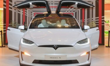 A Tesla Model X Plaid car is displayed at Vanke Mall on February 26 in Hefei