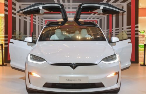 A Tesla Model X Plaid car is displayed at Vanke Mall on February 26 in Hefei