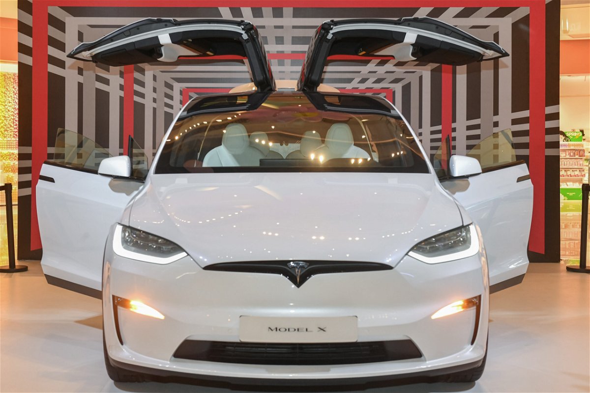 <i>Yuan Bing/VCG/Getty Images</i><br/>A Tesla Model X Plaid car is displayed at Vanke Mall on February 26 in Hefei