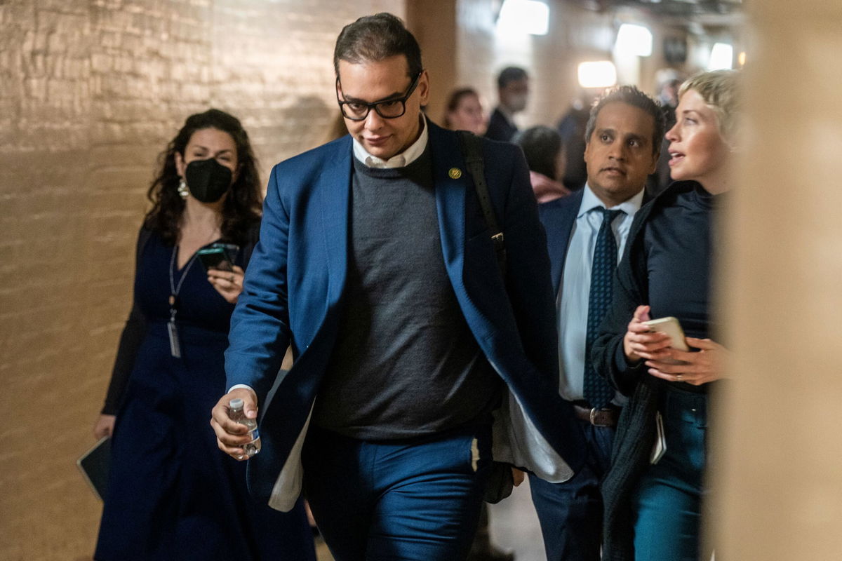 New York Rep. George Santos is seen after leaving a House Republican Caucus meeting in the US Capitol in Washington