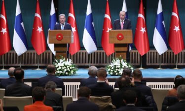 Turkish President Recep Tayyip Erdogan (right) and Finnish President Sauli Niinisto deliver a joint press conference held after their meeting at the Presidential Complex in Ankara