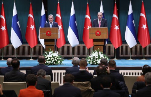 Turkish President Recep Tayyip Erdogan (right) and Finnish President Sauli Niinisto deliver a joint press conference held after their meeting at the Presidential Complex in Ankara