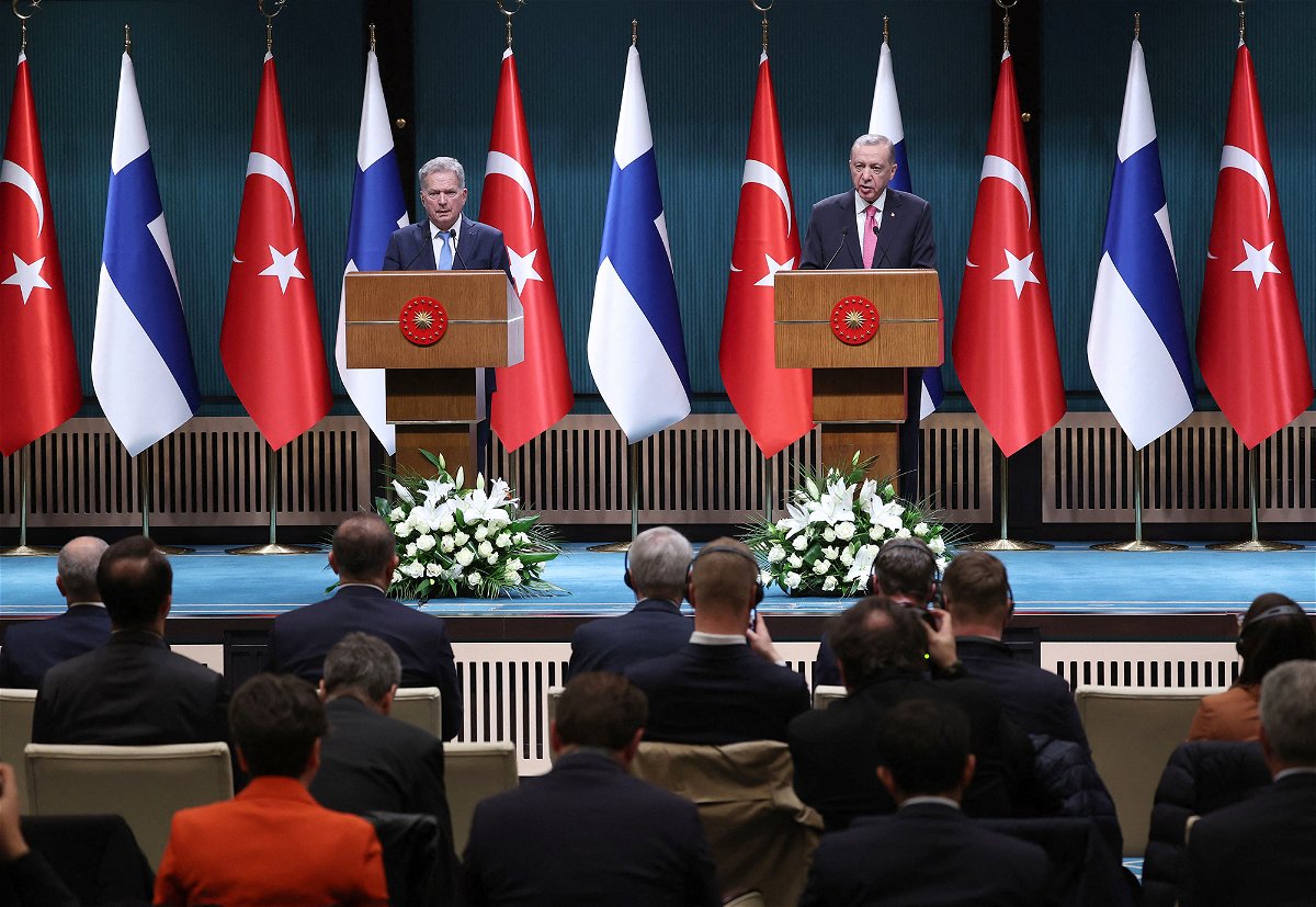 <i>Adem Altan/AFP/Getty Images</i><br/>Turkish President Recep Tayyip Erdogan (right) and Finnish President Sauli Niinisto deliver a joint press conference held after their meeting at the Presidential Complex in Ankara