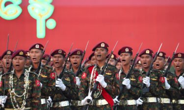 Military officers march during a parade to commemorate Myanmar's 78th Armed Forces Day in Naypyidaw