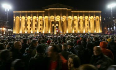 Participants protest against the draft law outside parliament building in Tbilisi