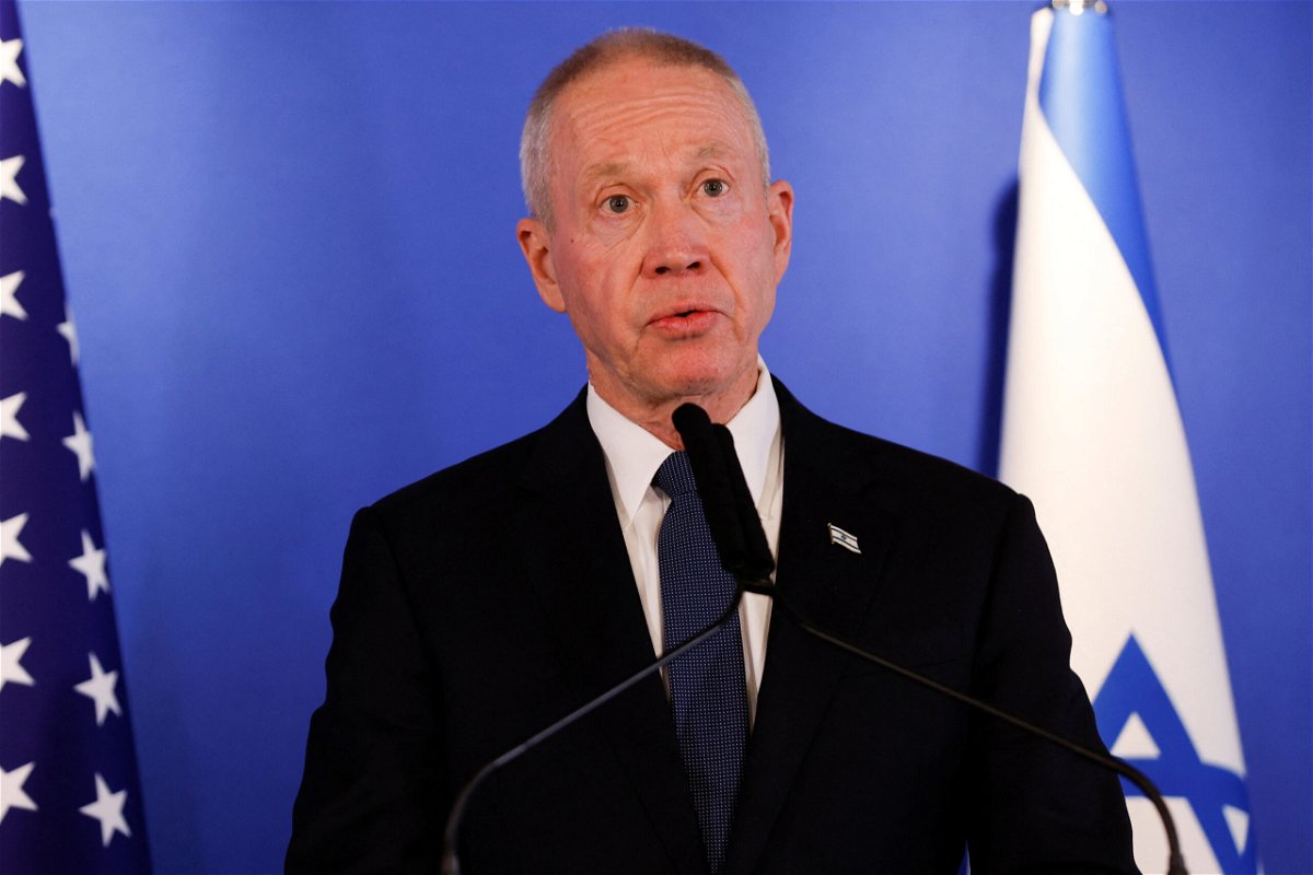 <i>Amir Cohen/Reuters</i><br/>Israeli Defence Minister Yoav Gallant attends a news conference with U.S. Secretary of Defense Lloyd Austin at Ben Gurion Airport in Lod