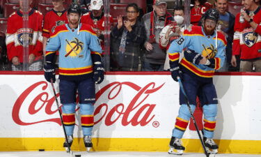 Eric Staal #12 and brother Marc Staal #18 of the Florida Panthers are pictured on the ice during warm-ups for a game against the New York Rangers at the FLA Live Arena on January 1 in Sunrise