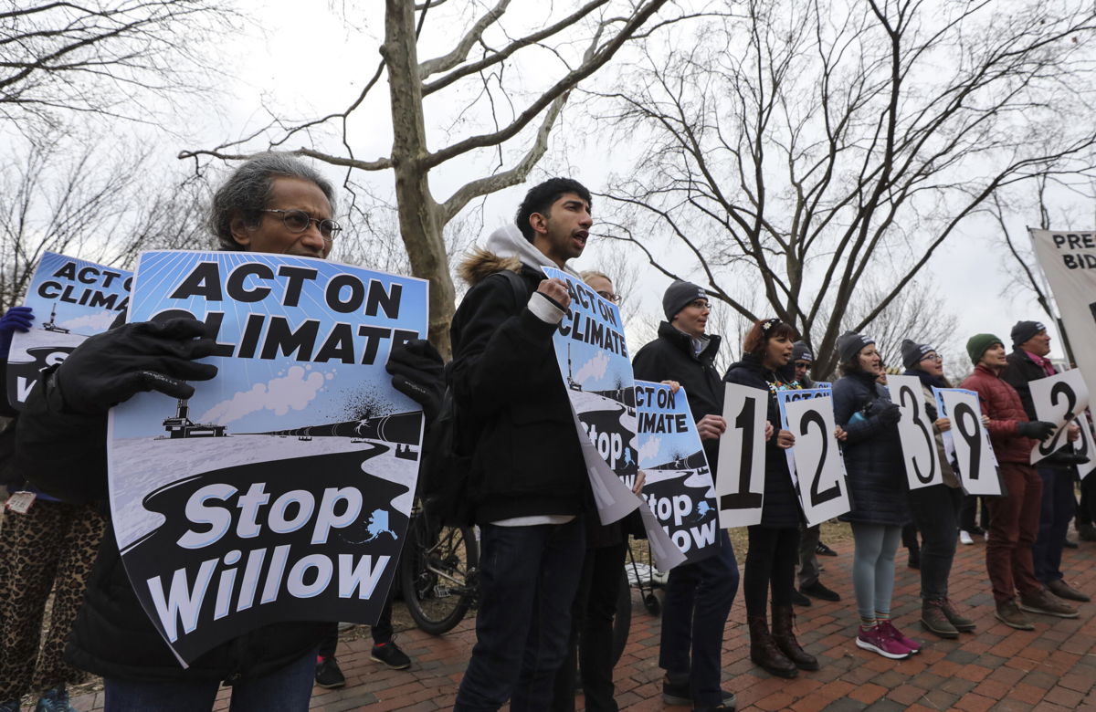 <i>Celal Gunes/Anadolu Agency/Getty Images</i><br/>Environmental and indigenous groups have filed two lawsuits challenging the Willow Project on Alaska's North Slope after the Biden administration approved the oil drilling venture. Activists gathered in front of the White House on January 10 to protest.